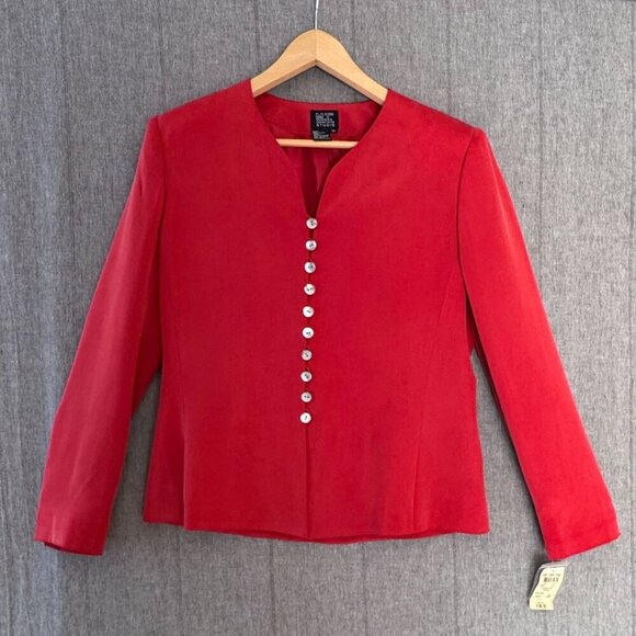 90s Morgan Taylor Red 100% Silk Mother of Pearl Button Blazer Pencil Skirt Set - Picture 1 of 16
